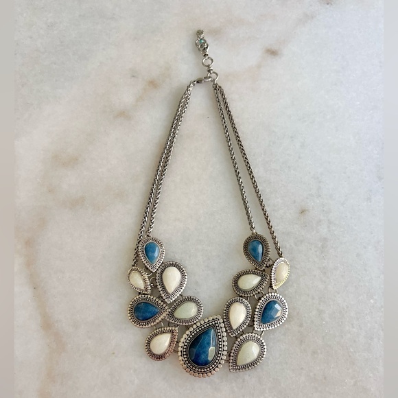 Lucky Brand Blue Jewel Statement Necklace - Silver Double Chain Neclace - Picture 2 of 4